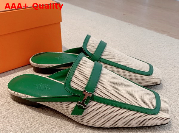 Hermes Groupie Mule in Beige Canvas and Green Calfskin Trim Replica