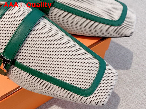 Hermes Groupie Mule in Beige Canvas and Green Calfskin Trim Replica