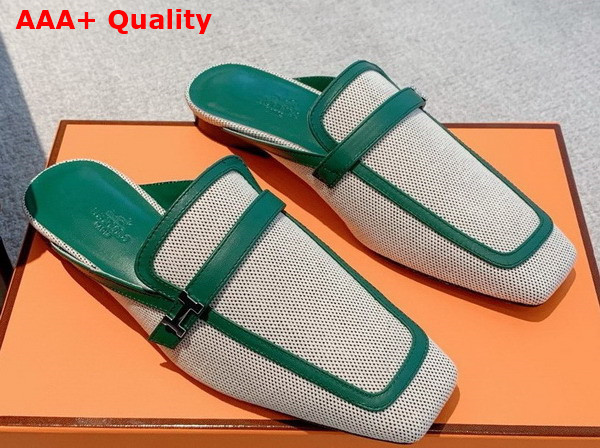 Hermes Groupie Mule in Beige Canvas and Green Calfskin Trim Replica