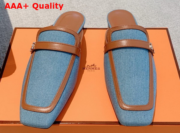 Hermes Groupie Mule in Sky Blue Denim and Brown Calfskin Trim Replica