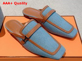 Hermes Groupie Mule in Sky Blue Denim and Brown Calfskin Trim Replica