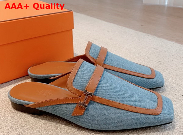 Hermes Groupie Mule in Sky Blue Denim and Brown Calfskin Trim Replica