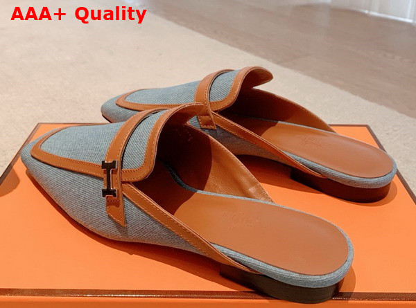 Hermes Groupie Mule in Sky Blue Denim and Brown Calfskin Trim Replica