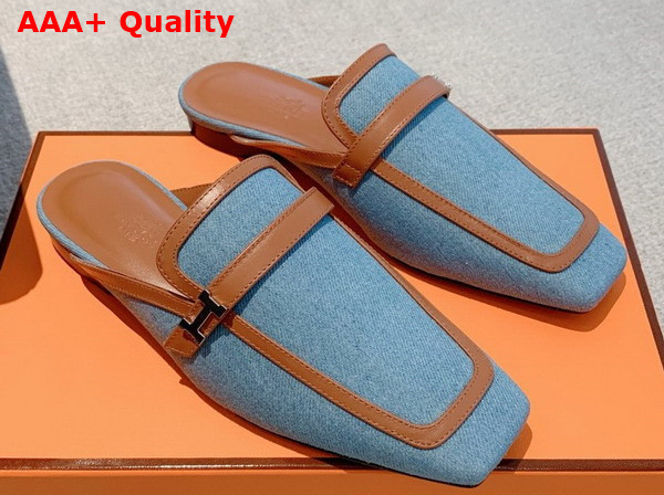 Hermes Groupie Mule in Sky Blue Denim and Brown Calfskin Trim Replica