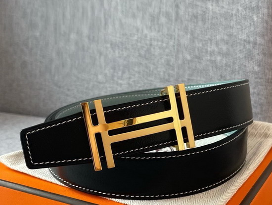 Hermes H Au Carre Belt Buckle Reversible Leather Strap 32mm Graphite Ciel Replica