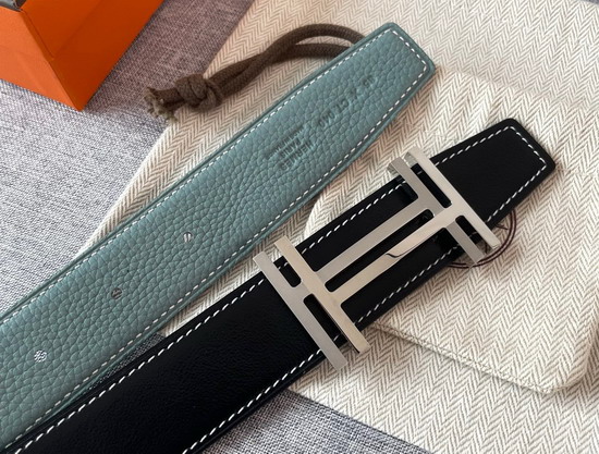 Hermes H Au Carre Belt Buckle Reversible Leather Strap 32mm Graphite Ciel Replica
