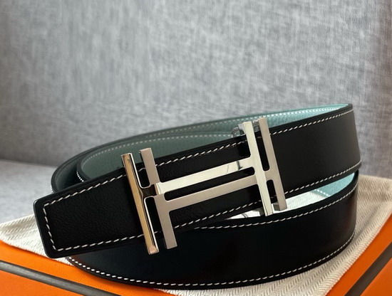 Hermes H Au Carre Belt Buckle Reversible Leather Strap 32mm Graphite Ciel Replica