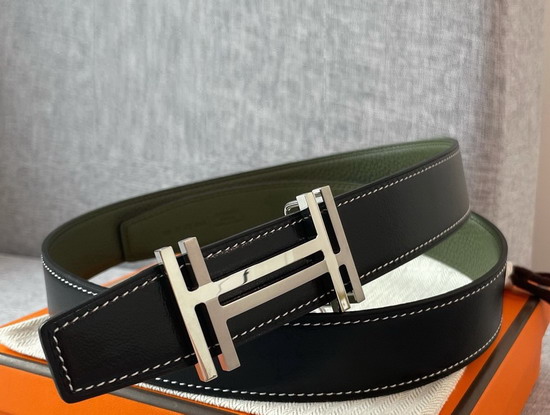 Hermes H Au Carre Belt Buckle Reversible Leather Strap 32mm Graphite Vert De Gris Replica