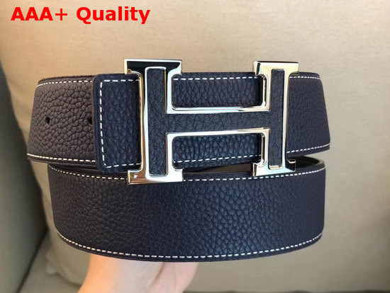 Hermes H Belt Buckle Reversible Leather Strap 38mm Navy Blue Togo Calfskin Replica
