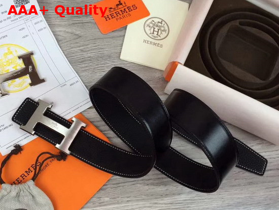 Hermes H Belt Buckle Reversible Leather Strap 38mm Togo Calfskin and Smooth Calfskin Black Replica
