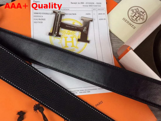 Hermes H Belt Buckle Reversible Leather Strap 38mm Togo Calfskin and Smooth Calfskin Black Replica