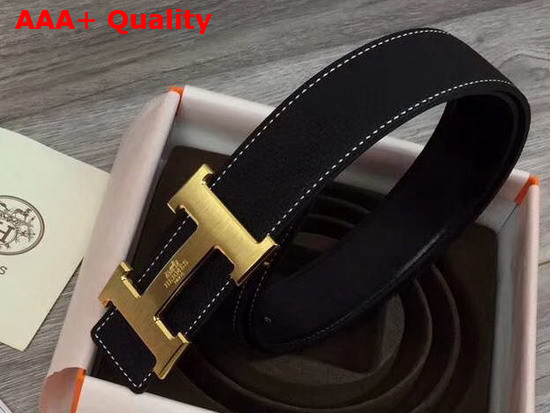 Hermes H Belt Buckle Reversible Leather Strap 38mm Togo Calfskin and Smooth Calfskin Black Replica