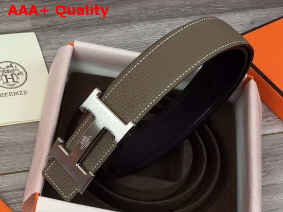 Hermes H Belt Buckle Reversible Leather Strap 38mm Togo Calfskin and Smooth Calfskin Grey and Black Replica