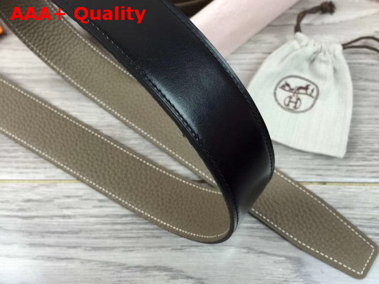 Hermes H Belt Buckle Reversible Leather Strap 38mm Togo Calfskin and Smooth Calfskin Grey and Black Replica