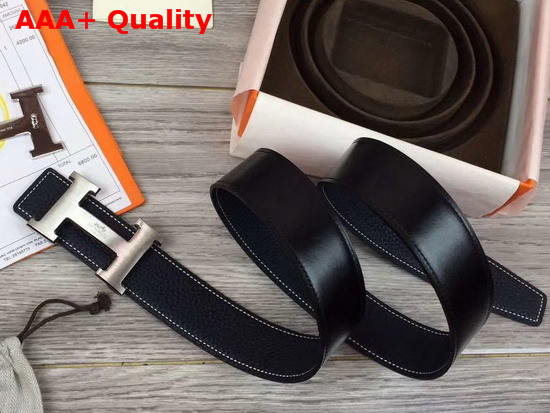 Hermes H Belt Buckle Reversible Leather Strap 38mm Togo Calfskin and Smooth Calfskin Navy and Black Replica