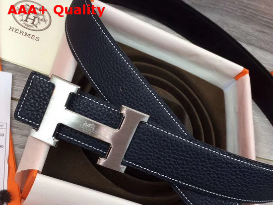 Hermes H Belt Buckle Reversible Leather Strap 38mm Togo Calfskin and Smooth Calfskin Navy and Black Replica