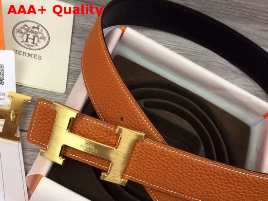 Hermes H Belt Buckle Reversible Leather Strap 38mm Togo Calfskin and Smooth Calfskin Orange and Black Replica