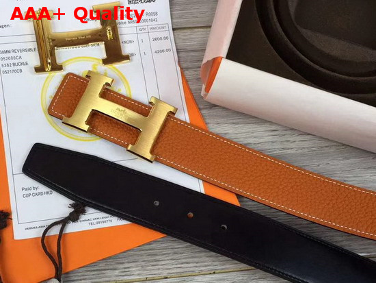 Hermes H Belt Buckle Reversible Leather Strap 38mm Togo Calfskin and Smooth Calfskin Orange and Black Replica