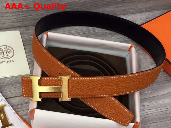 Hermes H Belt Buckle Reversible Leather Strap 38mm Togo Calfskin and Smooth Calfskin Orange and Black Replica