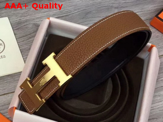 Hermes H Belt Buckle Reversible Leather Strap 38mm Togo Calfskin and Smooth Calfskin Tan and Black Replica