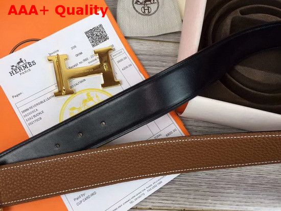 Hermes H Belt Buckle Reversible Leather Strap 38mm Togo Calfskin and Smooth Calfskin Tan and Black Replica