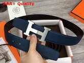 Hermes H Belt Buckle Reversible Leather Strap 38mm in Black and Blue 135 and Togo Calfskin Replica