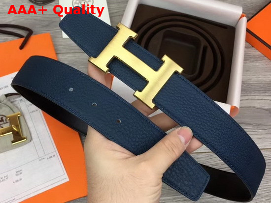 Hermes H Belt Buckle Reversible Leather Strap 38mm in Black and Blue 135 and Togo Calfskin Replica