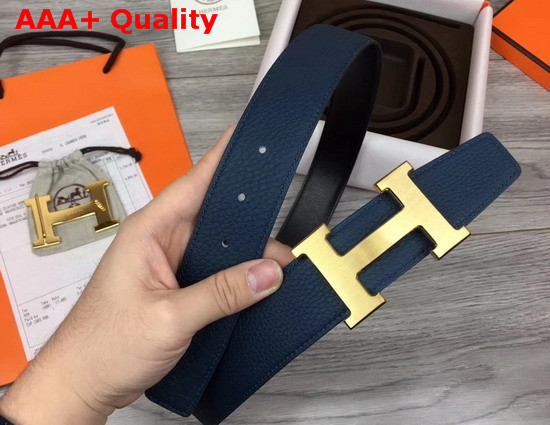 Hermes H Belt Buckle Reversible Leather Strap 38mm in Black and Blue 135 and Togo Calfskin Replica