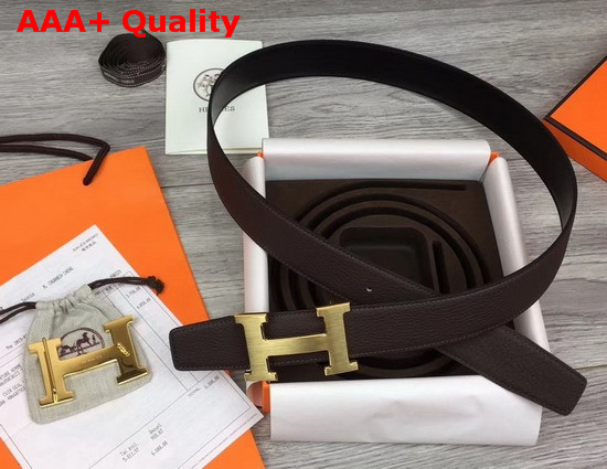 Hermes H Belt Buckle Reversible Leather Strap 38mm in Black and Chocolate 135 and Togo Calfskin Replica
