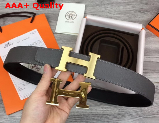 Hermes H Belt Buckle Reversible Leather Strap 38mm in Black and Grey 135 and Togo Calfskin Replica