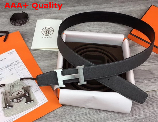 Hermes H Belt Buckle Reversible Leather Strap 38mm in Black and Grey 135 and Togo Calfskin Replica