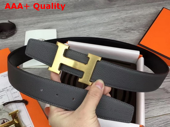 Hermes H Belt Buckle Reversible Leather Strap 38mm in Black and Grey 135 and Togo Calfskin Replica