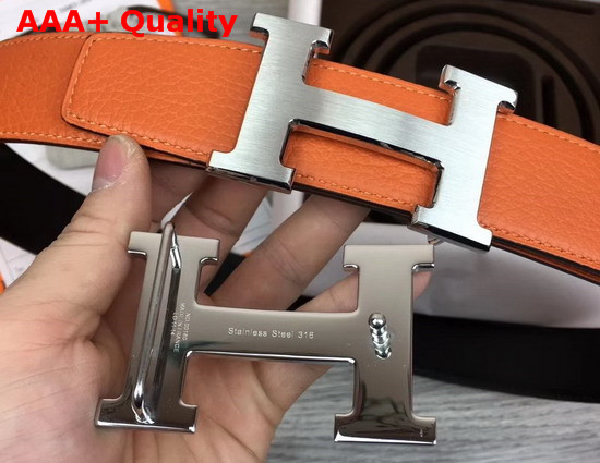 Hermes H Belt Buckle Reversible Leather Strap 38mm in Black and Orange 135 and Togo Calfskin Replica