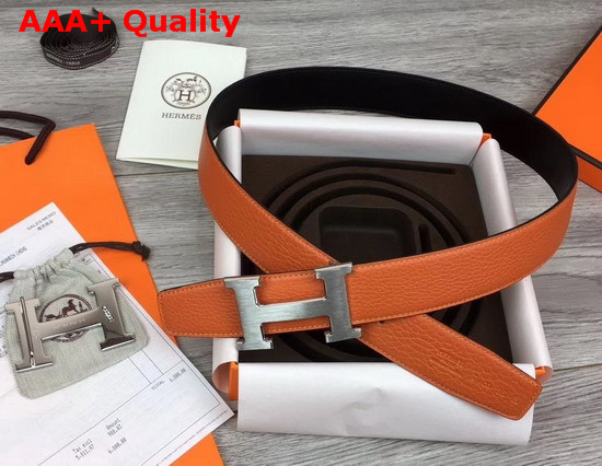 Hermes H Belt Buckle Reversible Leather Strap 38mm in Black and Orange 135 and Togo Calfskin Replica