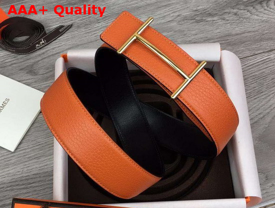 Hermes H DAncre Belt Buckle Reversible Leather Strap 32mm Noir Orange Replica