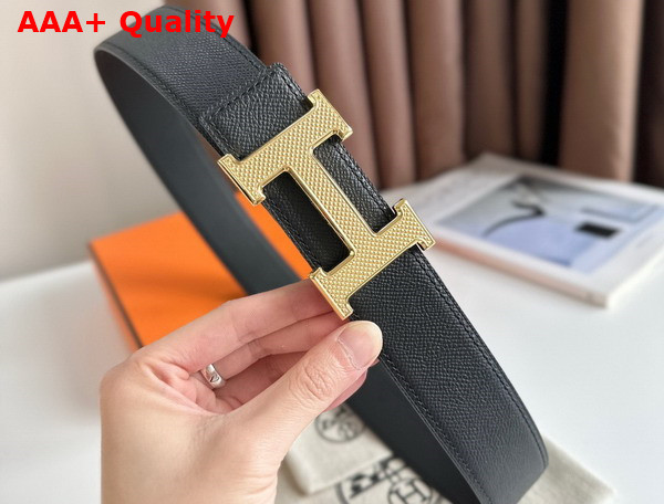 Hermes H Guillochee Belt Buckle Reversible Leather Strap 38mm Black Epsom Calfskin Replica