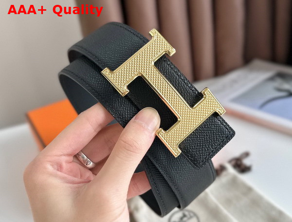 Hermes H Guillochee Belt Buckle Reversible Leather Strap 38mm Black Epsom Calfskin Replica
