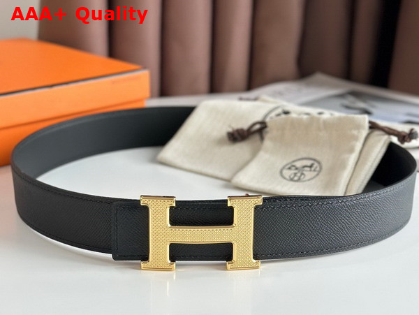 Hermes H Guillochee Belt Buckle Reversible Leather Strap 38mm Black Epsom Calfskin Replica