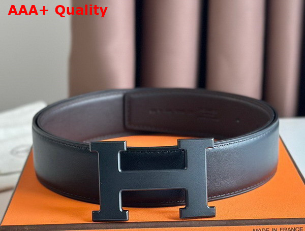 Hermes H Guillochee Belt Buckle Reversible Leather Strap 38mm Black and Chocolate Box Calfskin Replica