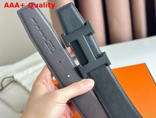 Hermes H Guillochee Belt Buckle Reversible Leather Strap 38mm Black and Chocolate Box Calfskin Replica