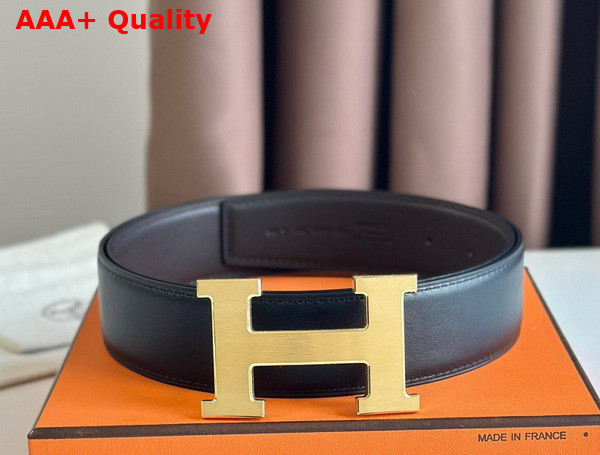 Hermes H Guillochee Belt Buckle Reversible Leather Strap 38mm Black and Chocolate Box Calfskin Replica