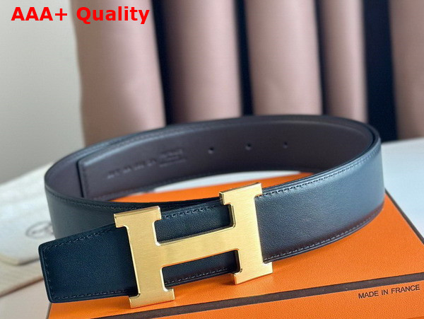 Hermes H Guillochee Belt Buckle Reversible Leather Strap 38mm Black and Chocolate Box Calfskin Replica