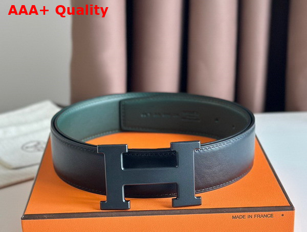 Hermes H Guillochee Belt Buckle Reversible Leather Strap 38mm Black and Green Box Calfskin Replica