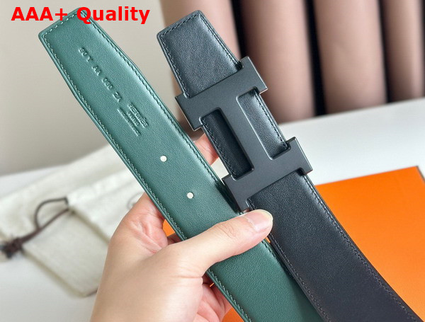 Hermes H Guillochee Belt Buckle Reversible Leather Strap 38mm Black and Green Box Calfskin Replica