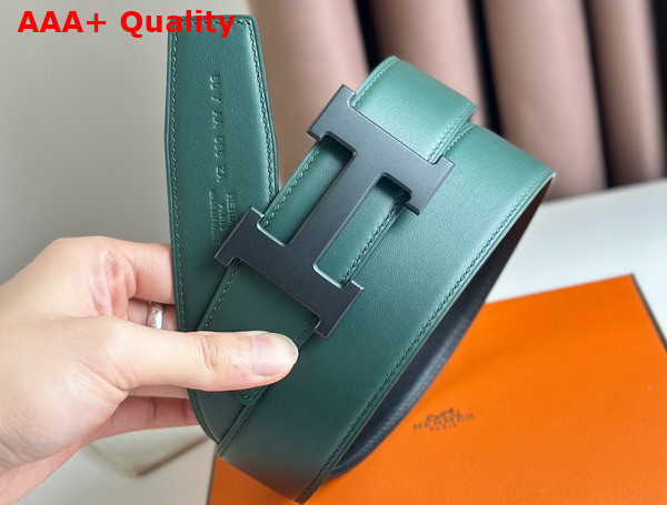 Hermes H Guillochee Belt Buckle Reversible Leather Strap 38mm Black and Green Box Calfskin Replica