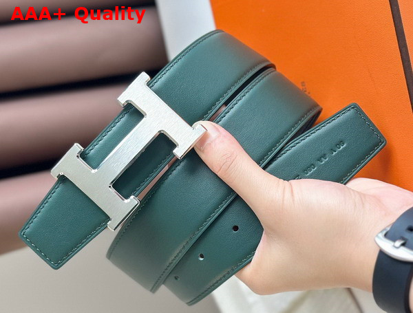 Hermes H Guillochee Belt Buckle Reversible Leather Strap 38mm Black and Green Box Calfskin Replica