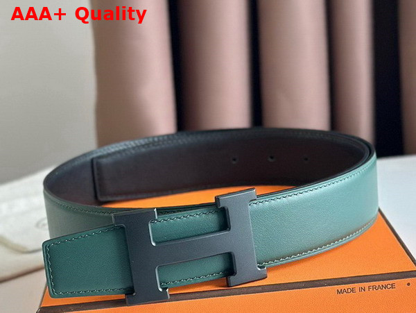 Hermes H Guillochee Belt Buckle Reversible Leather Strap 38mm Black and Green Box Calfskin Replica