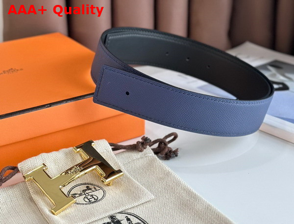 Hermes H Guillochee Belt Buckle Reversible Leather Strap 38mm Blue Epsom Calfskin Replica