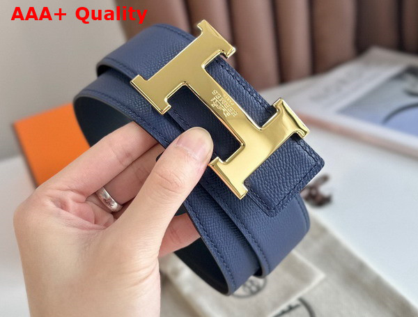 Hermes H Guillochee Belt Buckle Reversible Leather Strap 38mm Blue Epsom Calfskin Replica