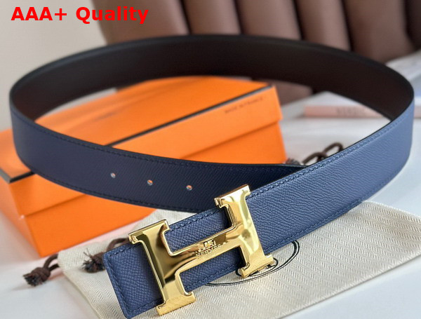 Hermes H Guillochee Belt Buckle Reversible Leather Strap 38mm Blue Epsom Calfskin Replica